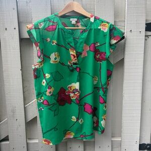 J. Crew Green Floral Cap-Sleeve Blouse